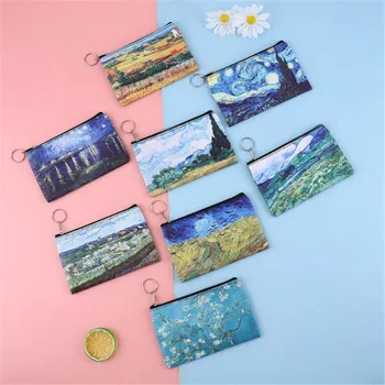 1 Adet Mini Vintage Yağlıboya bozuk para cüzdanı Kadın Kızlar Moda Baskılı PU Cüzdan Ruj Taşınabilir Para Çanta Cep Çanta Yeni