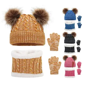 1 Takım Çocuk Şapka Eldiven Eşarp Seti Örme Kalın Kontrast Renk Elastik Yumuşak Sıcak Kubbe Peluş Top Dekor Tam Koruma Kış