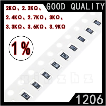 100 ADET SMD 1206 Çip Direnç 1 % Yüksek Hassasiyetli Çip Sabit Direnç 2KΩ、2.2 KΩ、 2.4 KΩ、2.7 KΩ、3KΩ、 3.3 KΩ、3.6 KΩ、3.9 K ohm 0.25 W