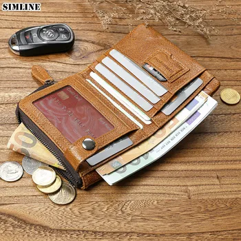 100 % Hakiki deri cüzdan Erkekler İçin Erkek Vintage Orijinal İnek Derisi Kısa iki kat cüzdanlar Çanta kart tutucu Fermuarlı Para Cebi İle