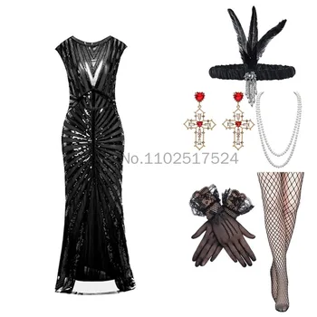 1920S Gatsby Seti Pullu Fishtail Elbise Akşam Parti Ziyafet Elbise Aksesuarları Küpe Kolye Şapkalar Balık Ağı Çorap 6 ADET