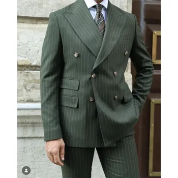 2 Adet Yeşil Şerit Erkek Takım Elbise Kostüm Homme Smokin terno masculino completo Düğün Balo Damat Blazer Erkek Giysileri