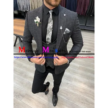 2021 Son Tasarım Koyu Gri Damalı Resmi Erkek Takım Elbise Moda Damat Smokin Düğün Parti Erkek 3 Parça (Ceket + Yelek + Pantolon)