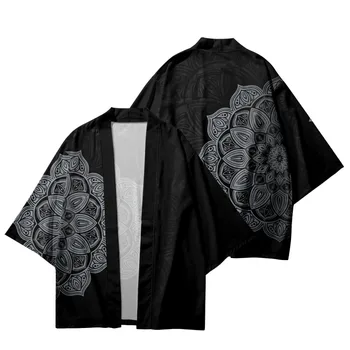 2022 Harajuku Siyah Çiçek Baskı Kimono Ve Şort Cosplay Japon Erkek Kadın Hırka Bluz Üst Haori Obi asya kıyafetleri