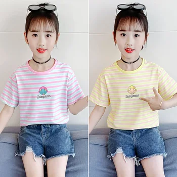 2023 Kore Yaz Genç Kız Çizgili üst Çocuk T-Shirt Çocuk Giysileri Genç Kız Kazak Temel Kız moda üst giyim