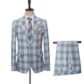 2023 Lüks Blazer erkek Seti Mavi ve Beyaz Ekose Desen Gevşek Park Eğlence Parti Fit İki Parçalı Set (Ceket + Pantolon)