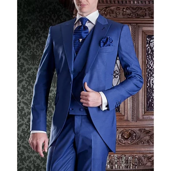 2023 Mavi Moda Takım Elbise Erkekler için Lüks Tek Göğüslü Çentikli Yaka 3 Adet Ceket Pantolon Yelek Slim Fit Terno Masculinos Completo