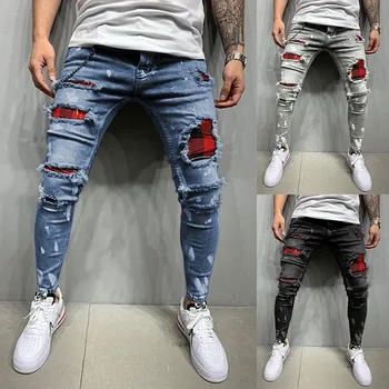 2023 Moda Sokak Stili Yırtık Skinny Jeans Erkekler Vintage yıkama Düz Kot Pantolon Erkek Casual Slim fit Siyah Mavi kot pantolon
