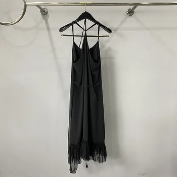 2023 Rick Kadın Moda Siyah Slim Fit Elbise Çift Püskül Seksi Rahat Sling Siyah uzun elbise
