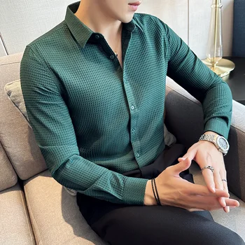 2023 Sonbahar Kış Waffle Gömlek Erkekler için Düz Renk Uzun Kollu Casual Gömlek Moda İş Sosyal Resmi Elbise Gömlek M-4XL