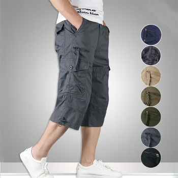 2023 Yaz erkek Rahat Pamuk Kargo Şort Uzun Uzunluk Çok Cep kapri pantolonlar Erkek Askeri Kamuflaj Kısa Boy M-5XL