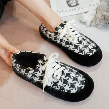 2024 Kış kadın Peluş sıcak ayakkabı Kore Tarzı Dantel-up Loafer'lar Parti Ve İş Elbisesi Bayan Rahat Daireler Mary Jane Tekne Ayakkabı