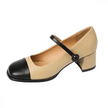 34-40 Renk Eşleştirme 5cm Orta Topuk kadın ayakkabısı Kare Kafa Blok Topuk Mary Jane Ayakkabı