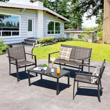 4 Parça Veranda mobilya takımı, kumaş, cam kahve sehpası, aşk koltuğu, 2 tek sandalye, ev için uygun, bahçe,