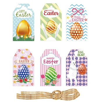 60 adet Mutlu Paskalya Etiketleri Etiketleri Tavşan Yumurta Çiçek Halat İle Çocuklar için DIY Zanaat askı süsleri Paket Etiketi Malzemeleri Süslemeleri