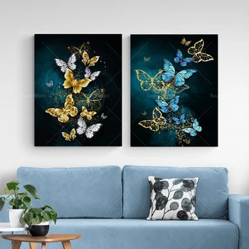 Altın glitter doku kelebek sanat tuval, altın kelebek, mavi kelebek tuval duvar sanatı dekorasyon posteri