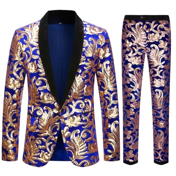 Altın Çiçek Desen Sequins Kadife İki Adet Suit Erkekler Vintage Zarif Parti Blazer ve Pantolon Seti Düğün Sahne Şarkıcı Giyim