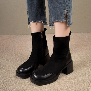 Ayakkabı Bayan Botları Fermuar Çizmeler-Kadın Yuvarlak Ayak Lolita Ayak Bileği Kauçuk Med 2023 Siyah Akın Retro Katı Toynak Topuklu PU Roma Temel