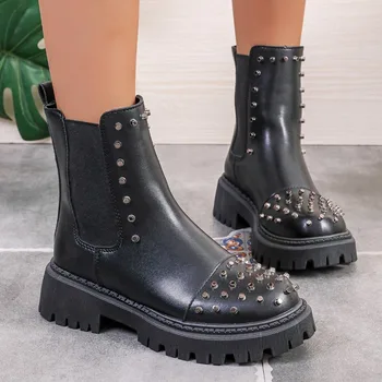 Bayan Ayakkabıları Satılık 2023 Yüksek Kaliteli Kollu bayan Botları Kış Yuvarlak Ayak Perçin Katı Kısa Varil Düşük Topuk Chelsea Çizmeler