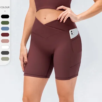 Bayan V-çapraz Yoga Şort Orta Darbe spor fitness pantolonları Kadın Elastik Vücut Pantolon Katı Bisiklet Koşu Spor S M L XL