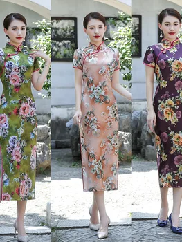 Bayanlar Bahar Cheongsam Uzun Seksi Ince Baskılı Kısa kollu Retro Çin Stand-up Yaka Düğün Akşam Elbise Qipao