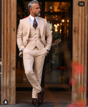 Bej Geniş Tepe Yaka Bir Düğme Erkek Takım Elbise 3 Adet Son Tasarım Kostüm Homme Damat Düğün Terno Masculino Slim Fit Blazer