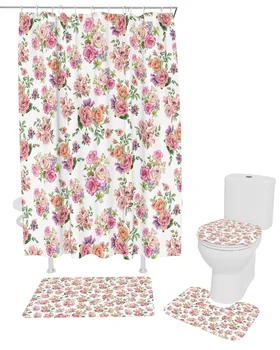 Bitki Çiçek Yaprakları Duş perde seti Kaymaz Halılar Banyo Paspas Tuvalet kapak Su Geçirmez Polyester Banyo Perdesi