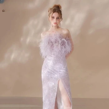 Casby Lüks Tüyler Mermaid Mor Akşam Elbise 2022 Şampanya Boncuklu Tekne Boyun balo kıyafetleri Kadınlar Düğün Parti için