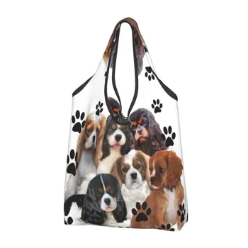 Cavalier King Charles Spaniel Aile Grubu Bakkal alışveriş çantası Kawaii Köpek Omuz alışveriş çantaları Büyük Kapasiteli Çanta