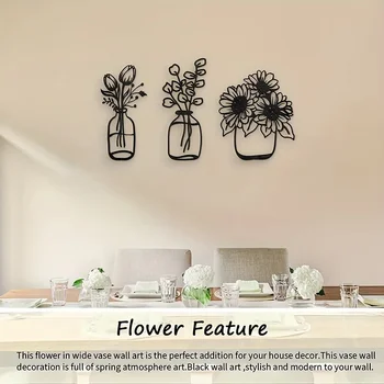 CIFBUY 3 adet Metal Çiçek Duvar Dekor, basit Vazo, duvar Sanatı Siyah Lale Tel Dekor, mutfak Banyo Oturma Odası Çalışma Sundurma