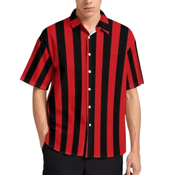 Dikey Çizgili Casual Gömlek Kırmızı ve Siyah Çizgili Plaj Gömlek Hawaii Yenilik Bluzlar Erkekler Özel Artı Boyutu