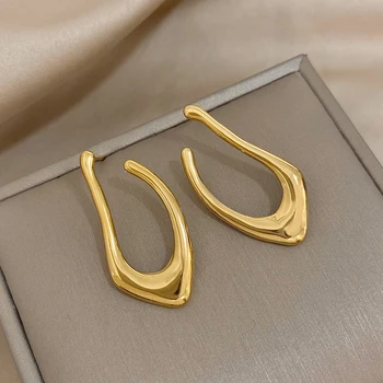 DODOHAO Minimalist Düzensiz Paslanmaz Çelik Altın Renk Saplama Küpe Basit Metal Şık U Şekli Küpe Yüksek Kalite Takı