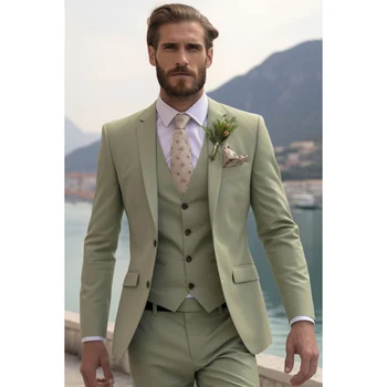 Düğün ışıkları Yeşil erkek Takım Elbise Çentikli Yaka Tek Göğüslü Zarif Dış Giyim Moda Terno 3 Parça Ceket Pantolon Yelek Slim Fit