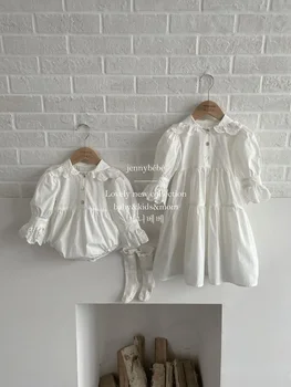 Ebeveyn-çocuk kıyafeti bebek dantel yaka romper, bebek kız kek etek örme romper bebek kız bebek giysileri