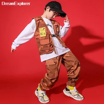 Erkek Hip Hop Kız Kamuflaj Yelek Kargo Pantolon Kıyafetler Çocuk Askeri Jogger Sokak Dansı Çocuklar Streetwear Kostüm spor takımları