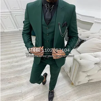 Erkek Moda Yeşil Takım Elbise 3 Adet İş Erkek Blazer + Yelek + Pantolon Damat Giyim Resmi Akşam Yemeği Parti Elbise Slim Fit Düğün Smokin