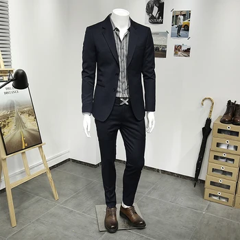 Erkek Takım Elbise Seti Blazer Pantolon Düğün Damat İş Adamı Günlük Giyim 2022 Bahar resmi takım elbiseler Siyah Renk Artı Boyutu 48 İla 56
