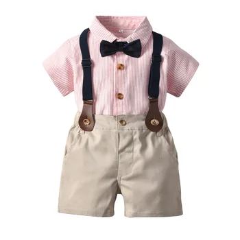 Erkek Yaz Takım Elbise 2023 Erkek Bebek Pamuk Çizgili Gömlek Kısa Kollu şort takımı çocuk Giyim Giyim Kıyafet Beyefendi Seti 2 ADET