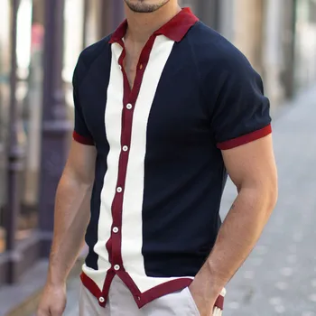 Erkek Yaz Örme POLO GÖMLEK Kontrast Renk Tek Göğüslü Kısa Kollu Şerit Baskı Örme Hırka Tee Üstleri Erkek Giysileri
