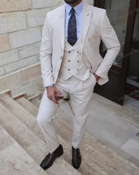 Erkekler Fildişi Business Suit Damat Sağdıç Smokin Düğün Örgün Durum 3 Parça Set Ceket Ve Pantolon A24