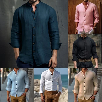Erkekler Retro Yakasız Rahat Resmi Gayri Resmi Dede Uzun Kollu Pamuklu Gömlek Üst Vintage Moda Dede Yaka Gömlek