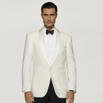 Fildişi Smokin Ceket, Custom Made 1 Düğme Fildişi Şal Yaka Fildişi Ceket ve Siyah Pantolon, Tailor Made Fildişi Düğün Takımları Erkekler İçin