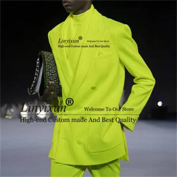 Floresan Yeşil Erkek Takım Elbise Kruvaze Damat Düğün Smokin 2 Parça Setleri Kostüm Homme Slim Fit Erkek Balo Parti Blazer