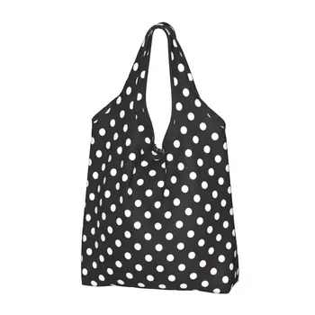 Geri dönüşüm Klasik Siyah Ve Beyaz Polka Dot alışveriş çantası kadın büyük el çantası Çantası Taşınabilir Bakkal alışveriş çantaları