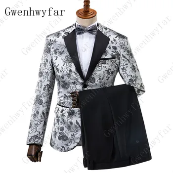 Gwenhwyfar 2019 Moda Çiçek Baskı erkek Blazer 3 Adet Gümüş Erkek Takım Elbise Ince Fantezi Yelek Erkek Çiçek Elbise Smokin Takım Elbise Adam