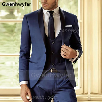 Gwenhwyfar 2023 Lacivert slim fit uzun kollu erkek gömlek Takım Elbise Damat Smokin Düğün için 3 Adet Erkek Moda Kostüm Homme (Ceket + Yelek + Pantolon)