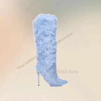 Gök Mavisi Kürk Dekor Diz Yüksek Sivri Burun Çizmeler kadın Ayakkabıları Üzerinde Kayma İnce Yüksek Topuklu Roman Moda Parti 2023 Zapatos Para Mujere