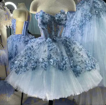 Gökyüzü Mavi Prenses Kısa balo kıyafetleri Sevgiliye 3D Çiçek Nakış Dantel-up Korse Kabarık Akşam Homecoming Elbise obes de soiré