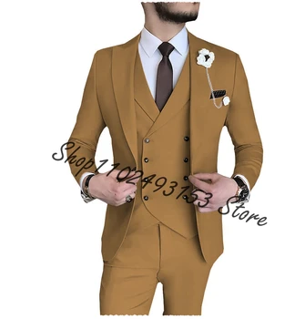 Haki İş erkek Takım Elbise 3 parçalı Set (Ceket Pantolon Yelek) düğün Damat Smokin Resmi slim fit uzun kollu erkek gömlek Blazer Trajes De Hombre