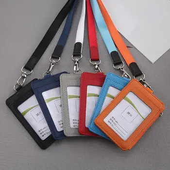 Hakiki deri kartlık Taşınabilir Fermuarlı Kart Kapak Çanta İş KİMLİK Etiketi Otobüs Geçiş Kartı Kapak Kılıf bozuk para cüzdanı Boyun Kordon ile